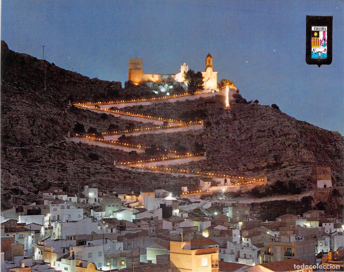 Postales: Postal de Cullera: Bajada del Castillo en Fiestas, Valencia nocturna