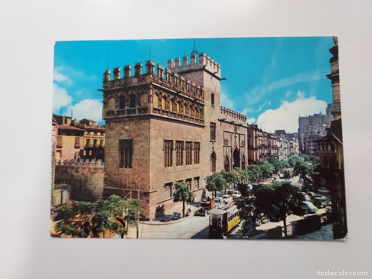 Postales: POSTAL VALENCIA LONJA. 1963. CIRCULADA. TRANVIA MOTO VESPA CAMION