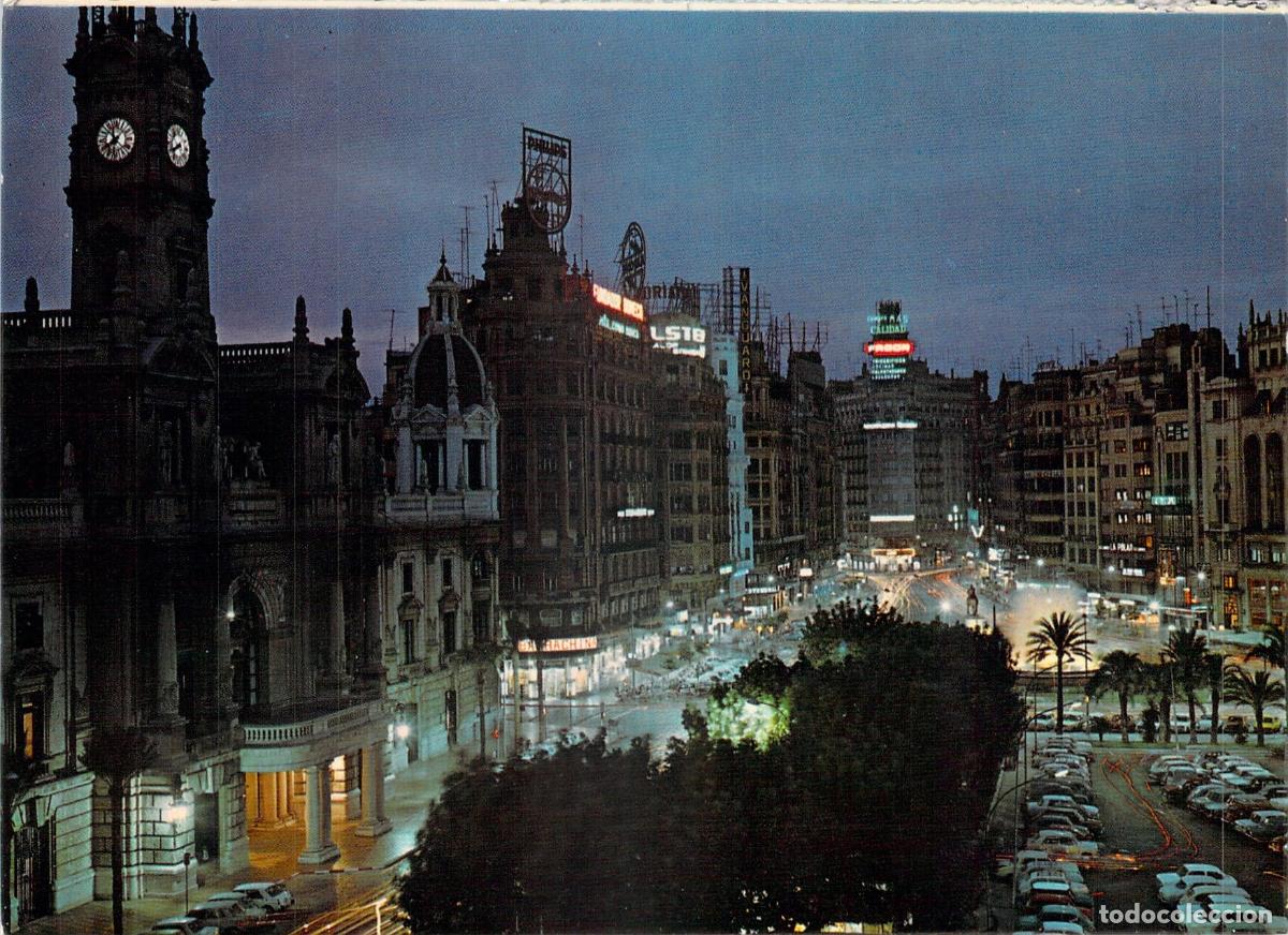 Postales: Postal de Valencia - Plaza del Caudillo con Vista Nocturna