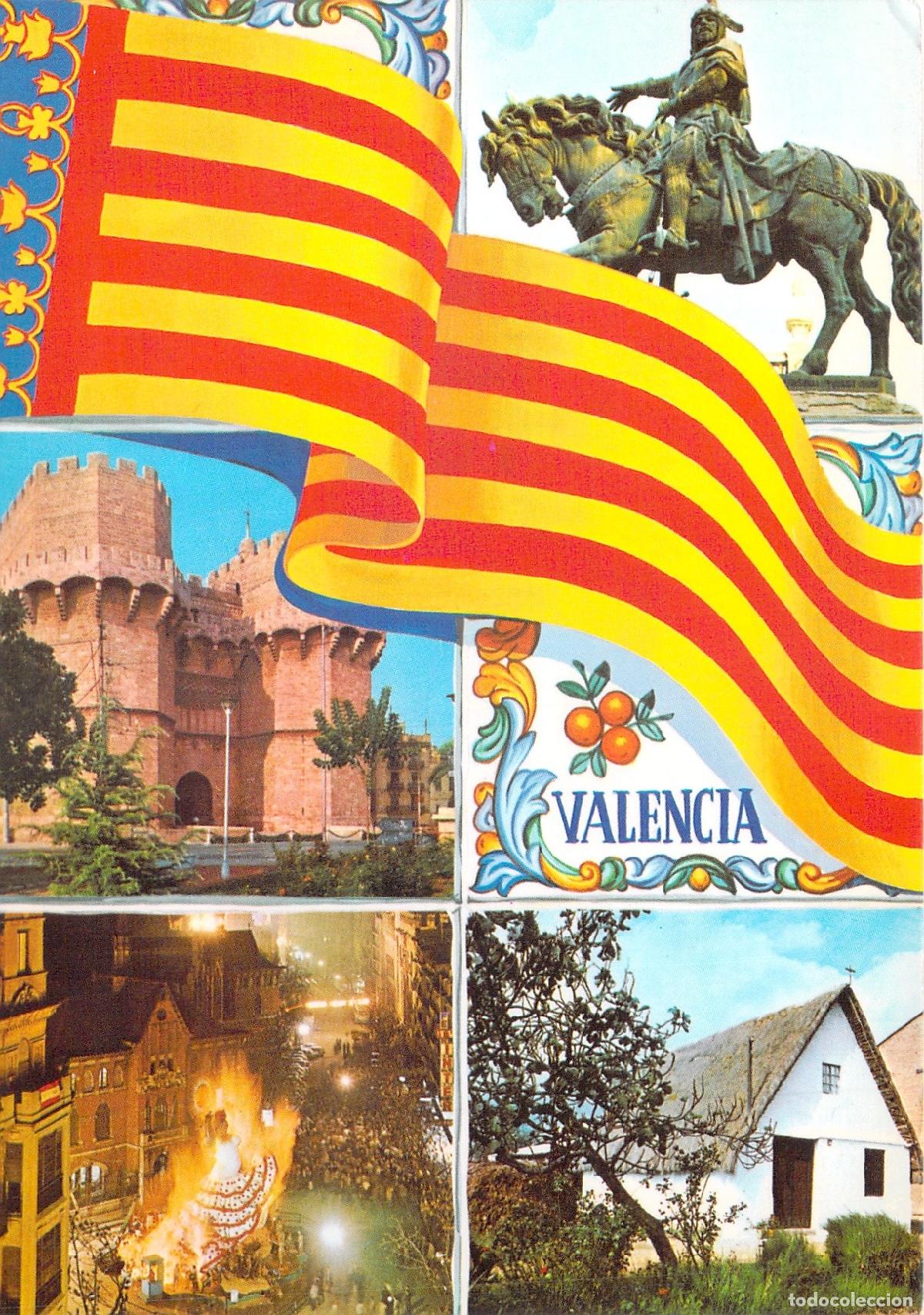 Postales: Postal Tur&iacute;stica de Valencia con Bandera, Monumentos y Fallas