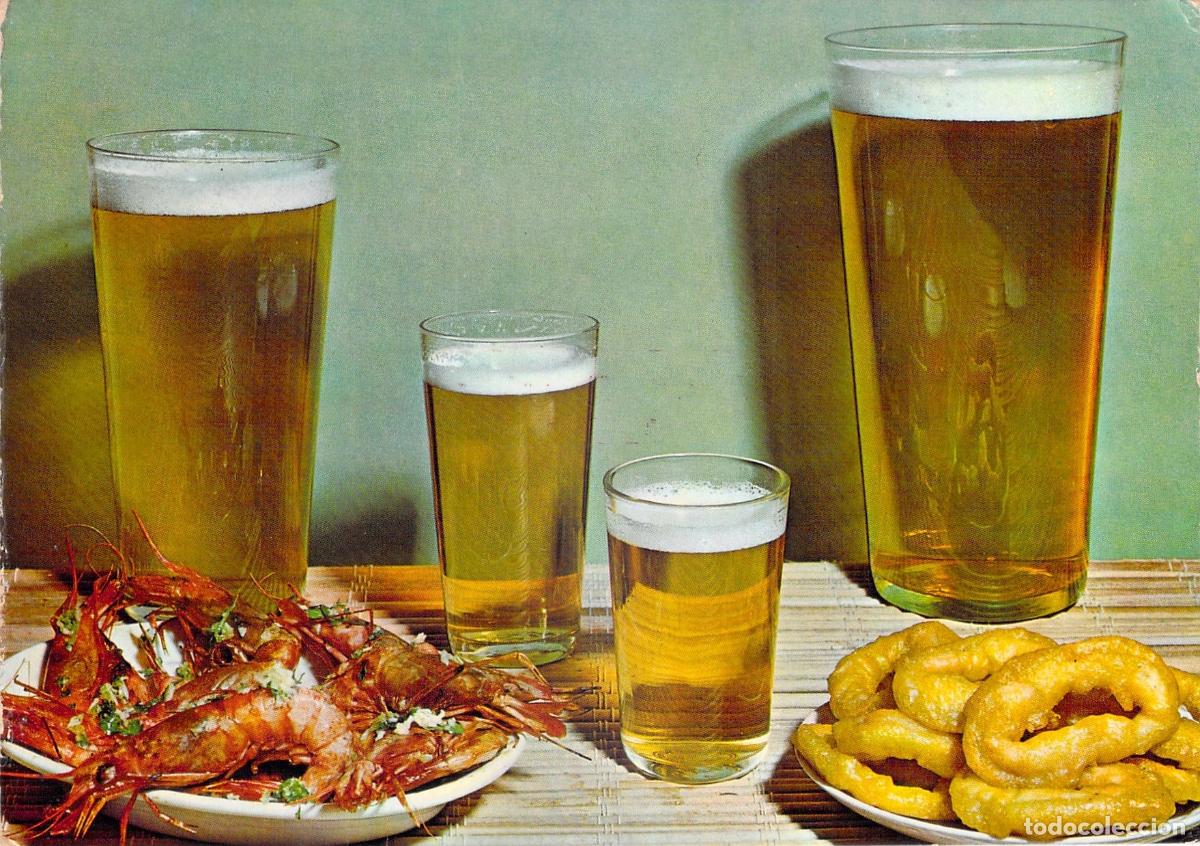 Postales: Postal publicitaria de Cerveza Turia con comida tradicional