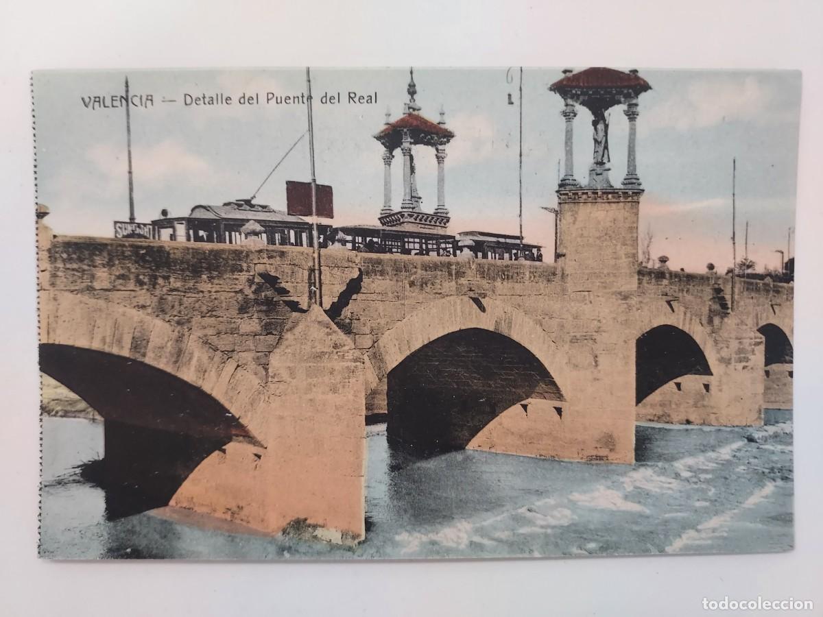Postales: POSTAL VALENCIA DETALLE DEL PUENTE DEL REAL. SIN CIRCULAR. CA. 1920. ANTIGUA COLOREADA. TRANVIA