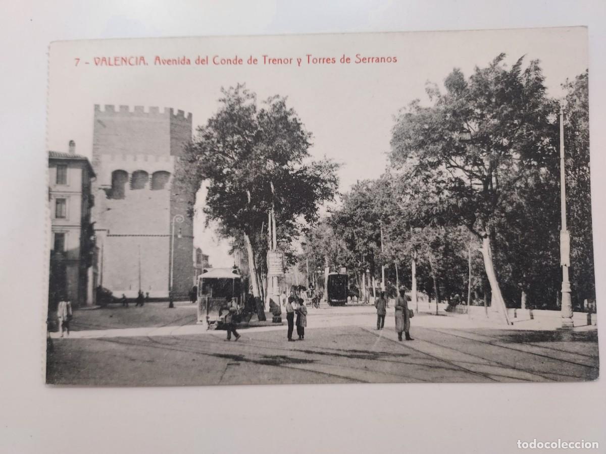 Postales: POSTAL VALENCIA AVENIDA DEL CONDE DE TRENOR Y TORRES DE SERRANOS. S/C. CA. 1920. THOMAS. TRANVIA