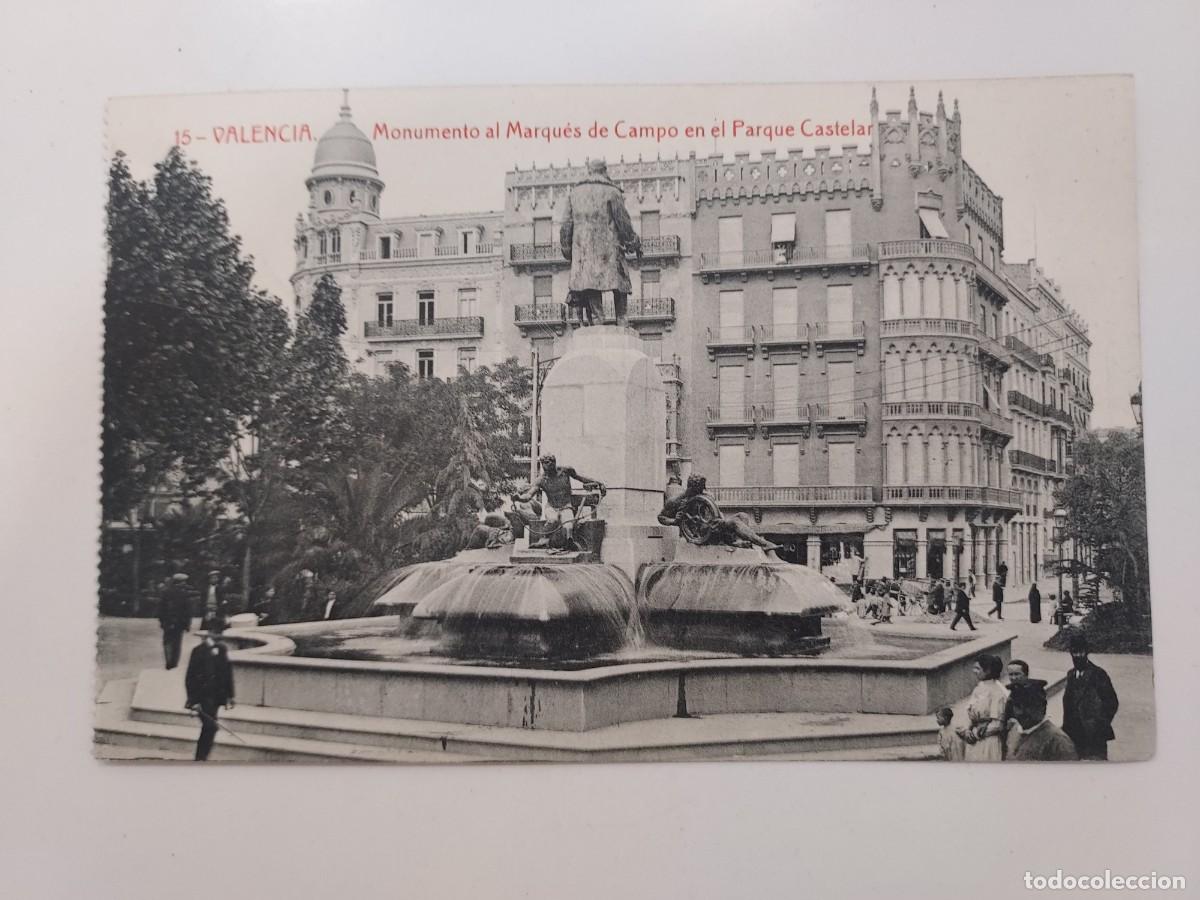Postales: POSTAL VALENCIA MONUMENTO AL MARQUES DE CAMPO EN EL PARQUE CASTELAR. S/C. CA. 1920. THOMAS