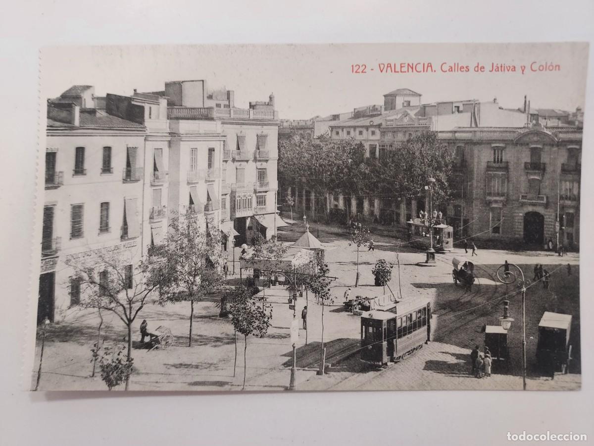 Postales: POSTAL VALENCIA CALLES DE JATIVA Y COLON. S/C. CA. 1920. THOMAS. TRANVIA