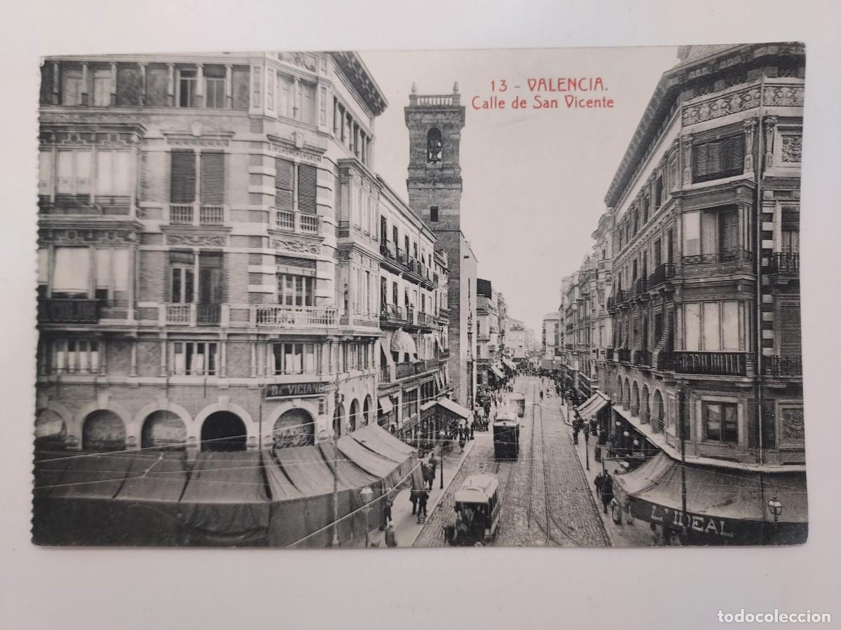 Postales: POSTAL VALENCIA CALLE DE SAN VICENTE. ESCRITA EN 1923. THOMAS. TRANVIA