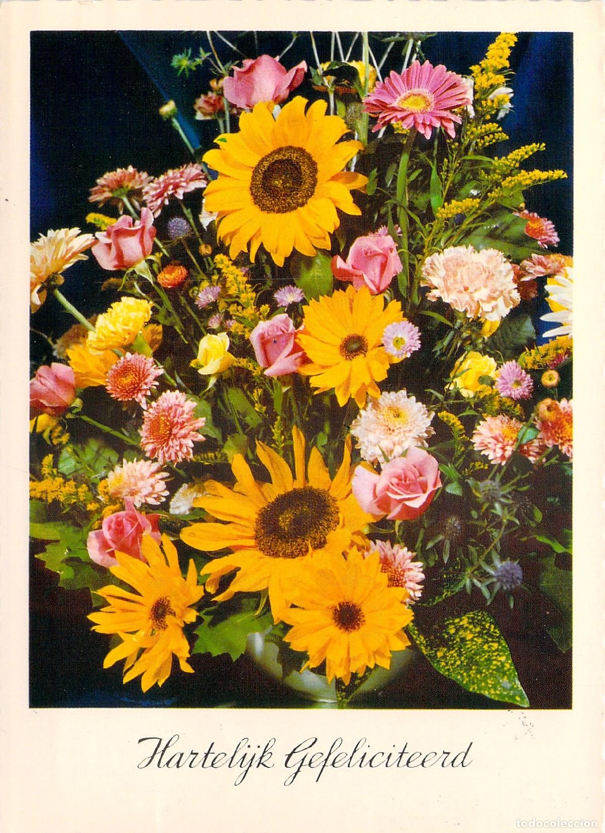 Postales: Postal de ramo de flores con felicitaci&oacute;n