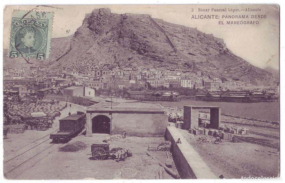 Postales: Alicante: Panorama desde el Mare&oacute;grafo. Bazar Pascual L&oacute;pez / Hauser y Menet. Circulada (1908)