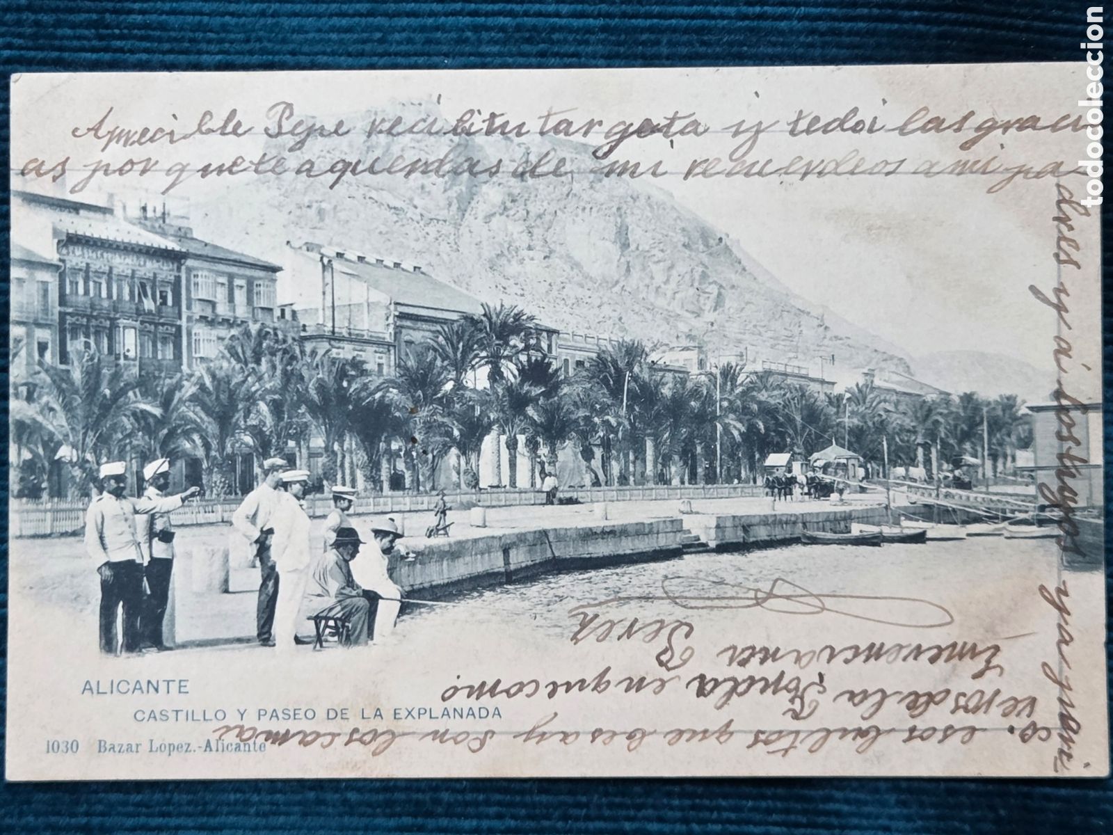 Postales: Postal, ALICANTE, 1903, Castillo y Paseo de La Explanada. Bazar L&oacute;pez