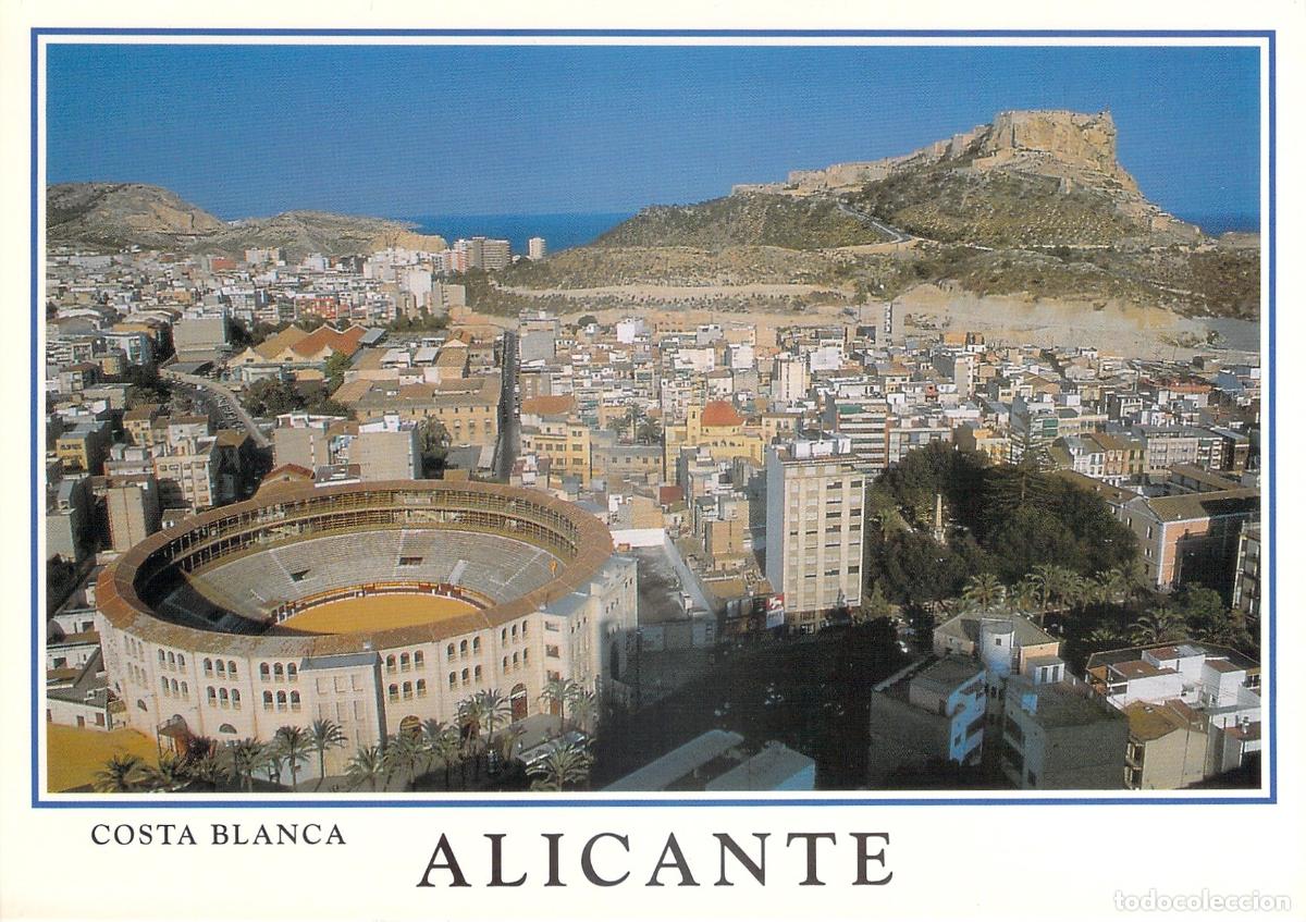 Postales: Postal de Vista Parcial de Alicante con Plaza de Toros y Castillo
