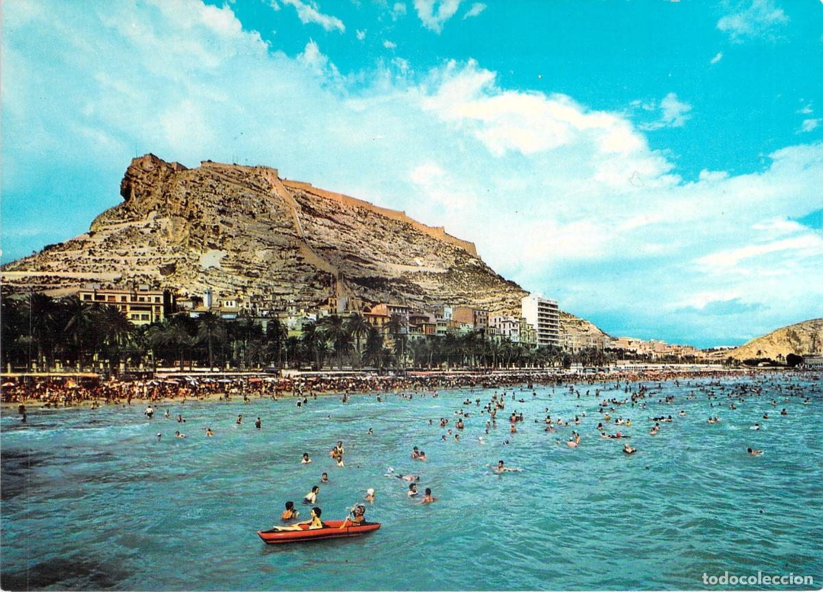 Postales: Postal de la Playa del Postiguet y Castillo en Alicante