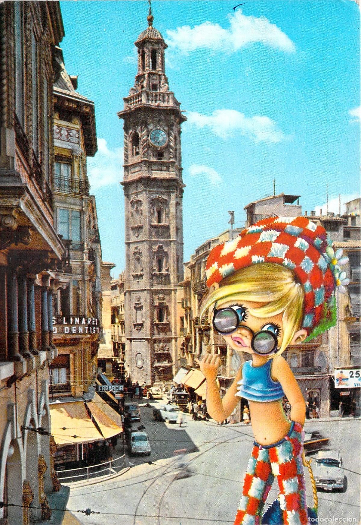 Postales: Postal de la Iglesia de Santa Catalina en Valencia con ilustraci&oacute;n divertida
