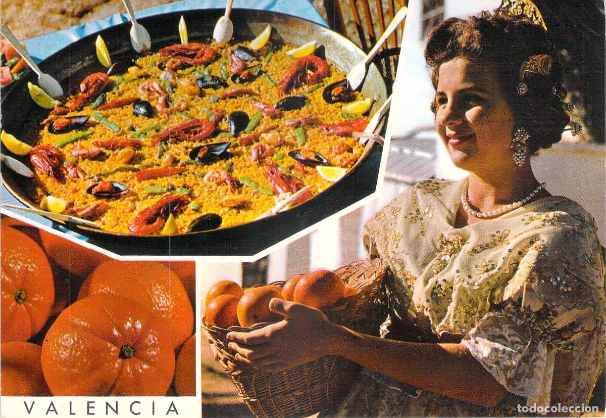 Postales: Postal de Valencia con Paella, Naranjas y Fallera