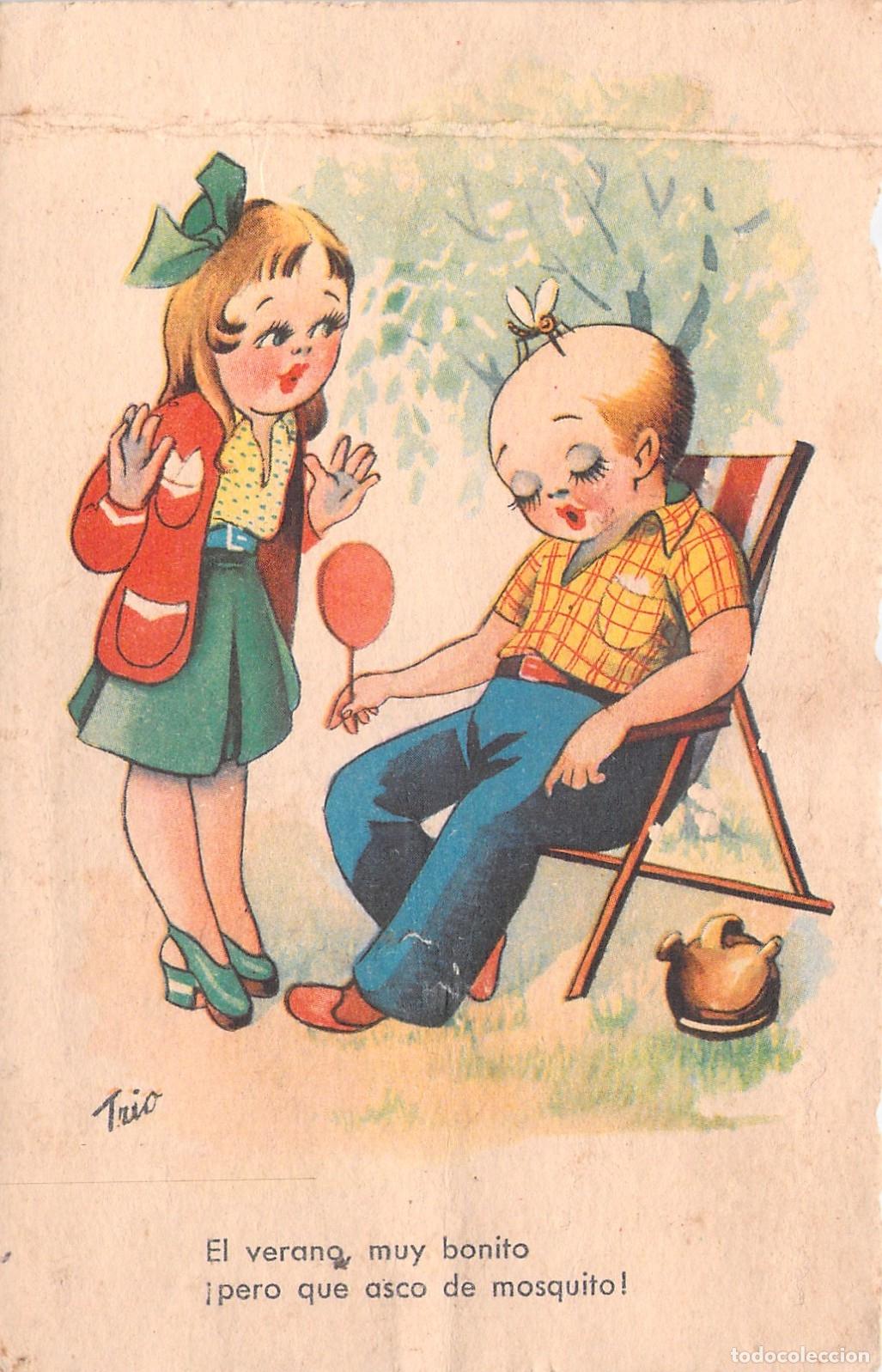 Postales: Postal ilustrada infantil con ni&ntilde;os y mosquito