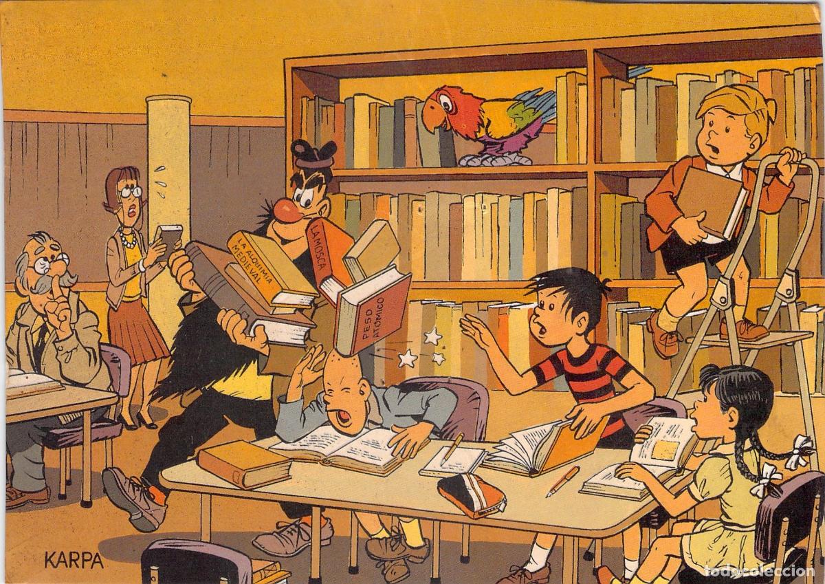 Postales: Postal ilustrada de La Pandilla en la Biblioteca de Bancaixa