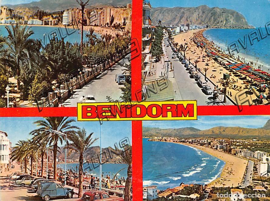 Postales: Vistas Playa de Levante y Poniente de Benidorm (Alicante) - Circulada -1968- Con coches de la &eacute;poca