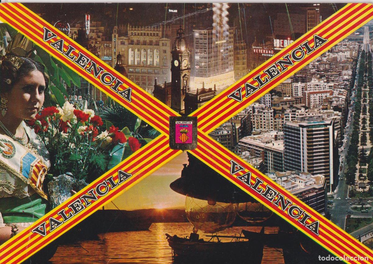 Postales: VALENCIA, FALLAS, VALENCIANA, PLAZA DE ESPA&Ntilde;A, PUESTA DE SOL - ESCUDO DE ORO 1210 - CIRCULADA