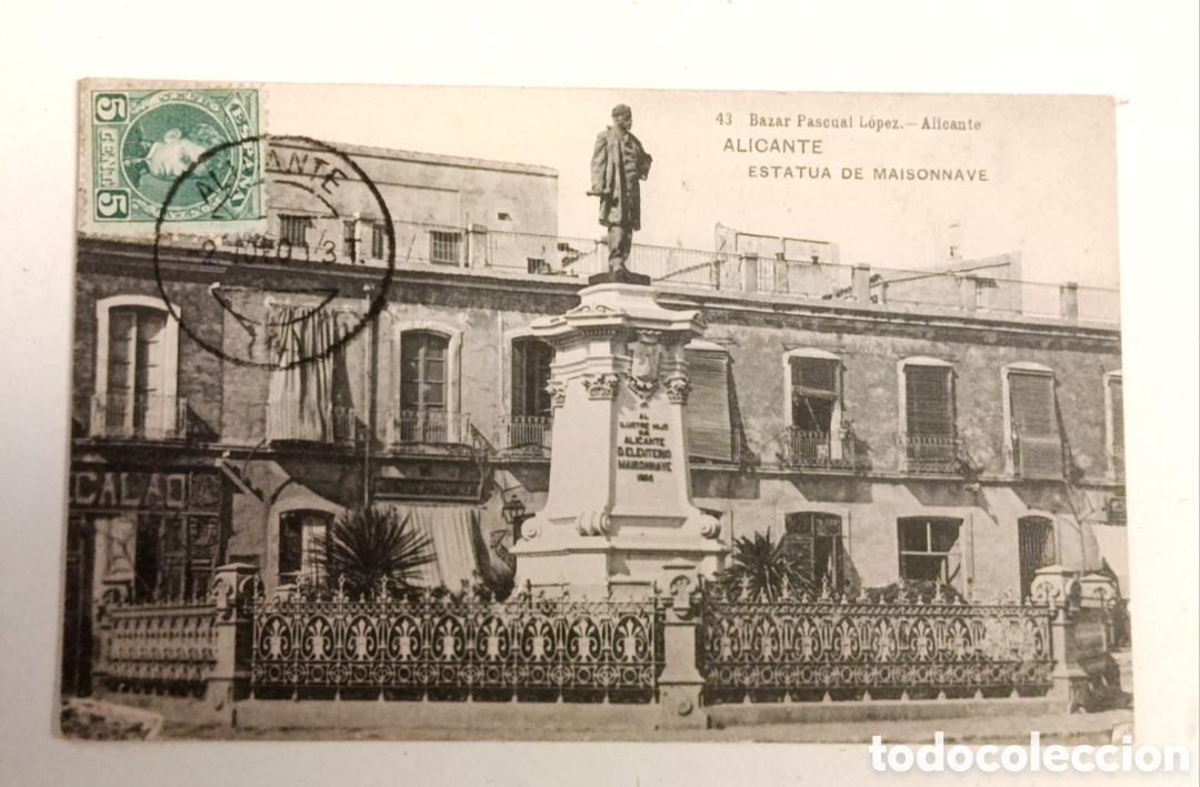 Postales: Postal antigua de Alicante;Estatua de Maisonnave.
