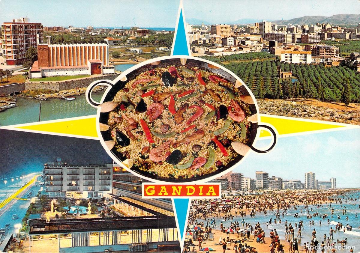 Postales: Postal de Gandia Valencia con Vistas de Playa y Paella