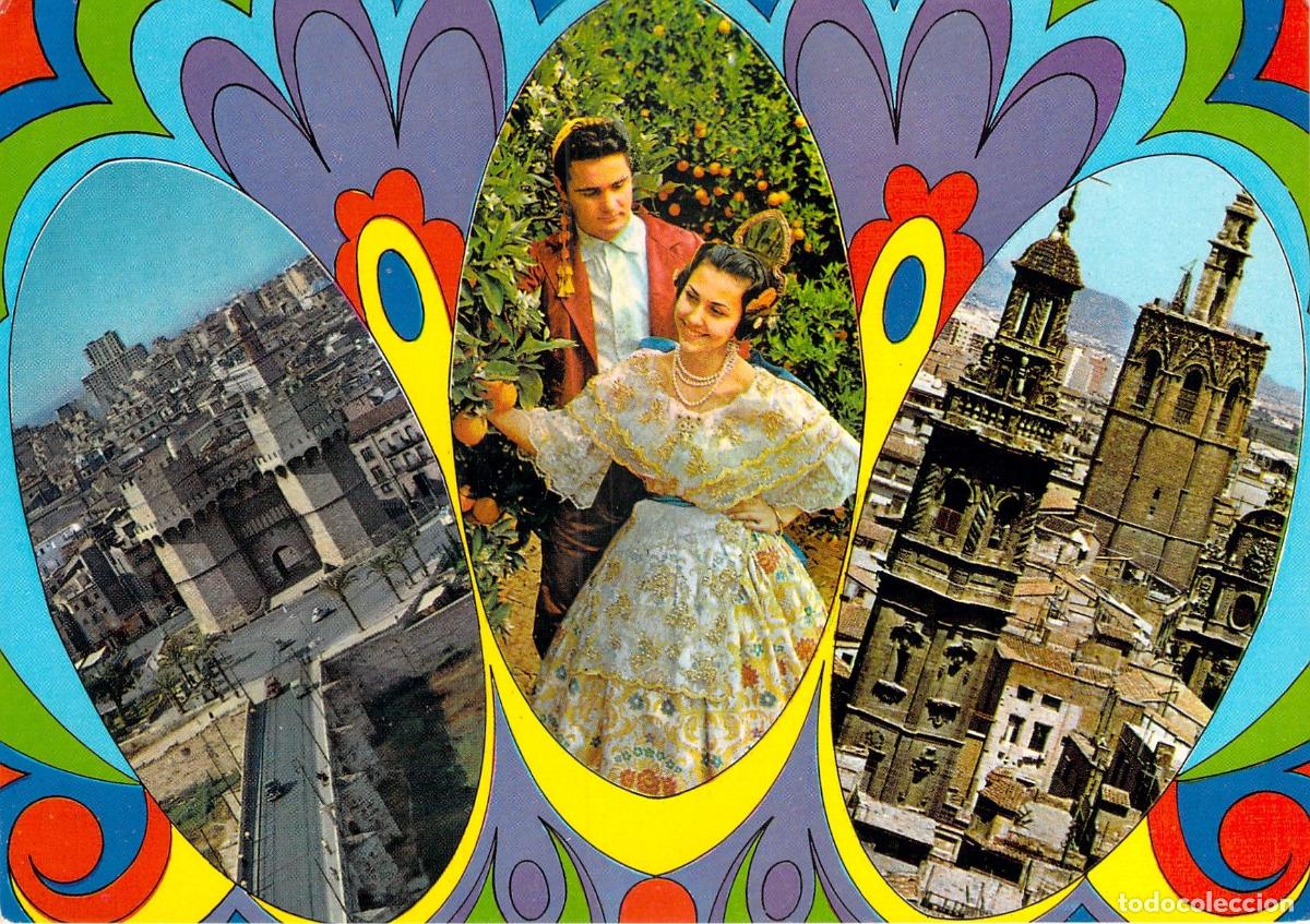 Postales: Postal de Valencia con monumentos y trajes tradicionales
