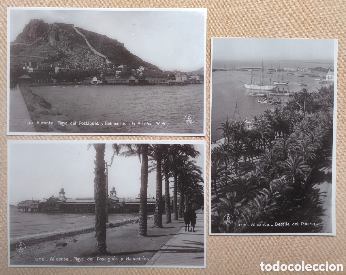 Postales: ALACANT PLATJA POSTIGUET PORT BALNEARI POSTAL FOTOGR&Aacute;FICA LOTE 3 ED. UNIQUE C. 1920