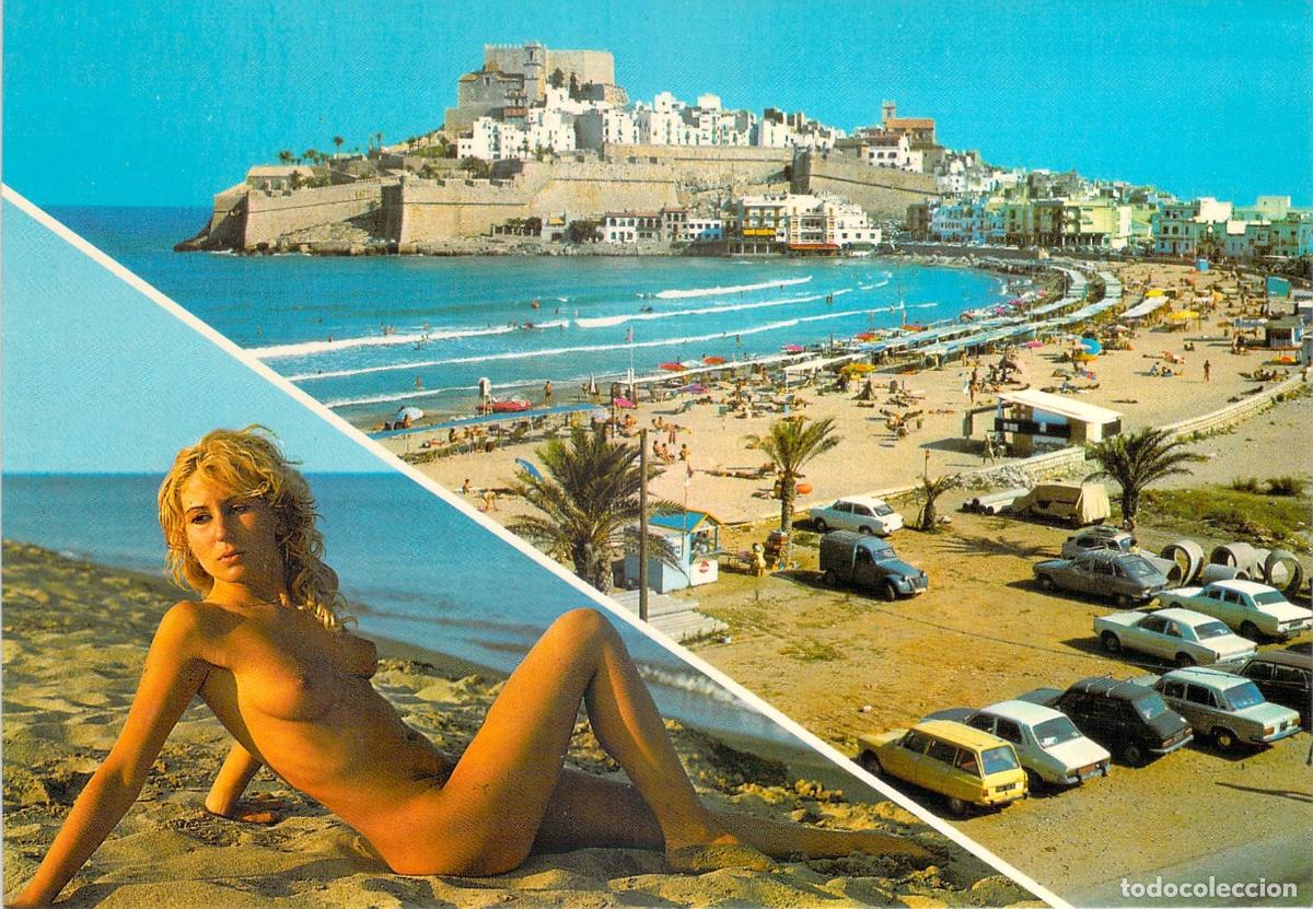 Postales: Postal de Pe&ntilde;iscola: Playa y Castillo en Castell&oacute;n