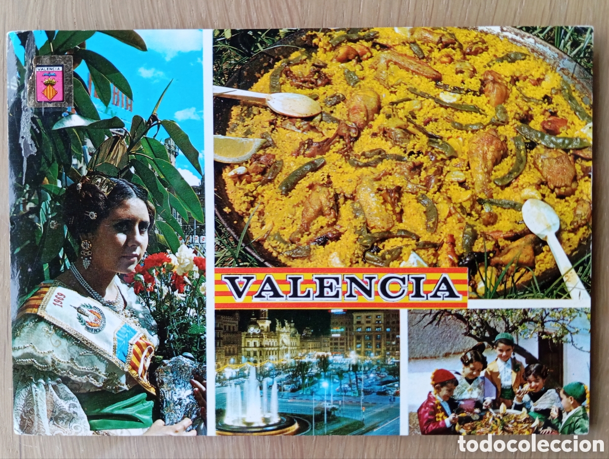 Postales: POSTAL VALENCIA MUCHACHA VALENCIANA PAELLA PLAZA CAUDILLO SUBIRATS 1294 ESCUDO DE ORO A&Ntilde;O 1973