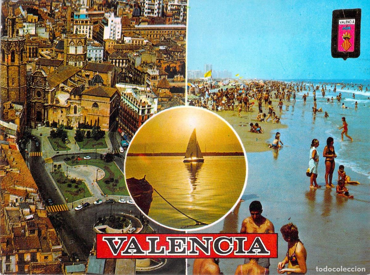 Postales: Postal de Valencia con vistas de la ciudad y la playa