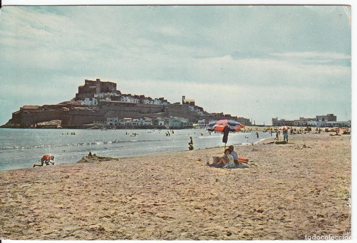 Postales: POSTAL PE&Ntilde;&Iacute;SCOLA DETALLE DE LA PLAYA Y VISTA DEL PE&Ntilde;&Oacute;N - 1959 - CON MATASELLOS