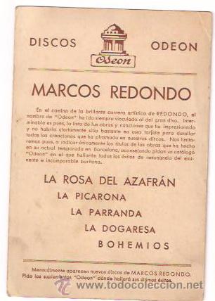 Postales: MARCOS REDONDO, POSTAL DE DISCOS ODEON - Foto 2