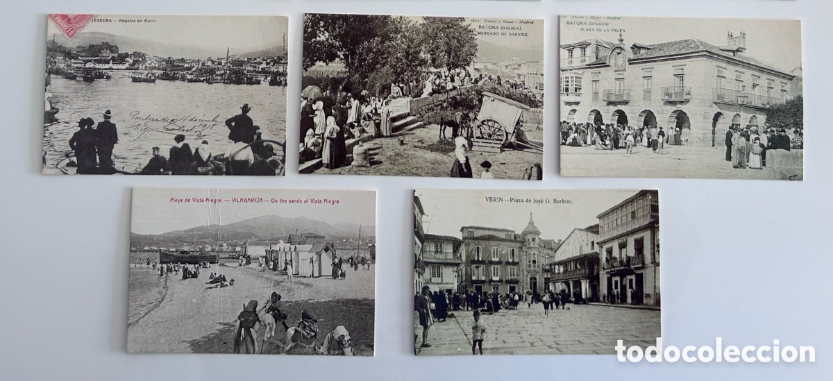 Postales: HISTORIA POSTAL DE GALICIA. 5 POSTALES. BAIONA. MAR&Iacute;N. VILAGARC&Iacute;A. VER&Iacute;N. CORREO GALLEGO. EL MUNDO