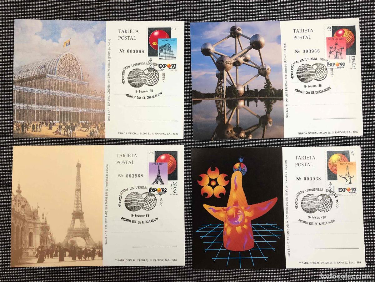 Postales: LOTE 4 TARJETAS POSTALES PRIMER DIA DE CIRCULACION EXPOSICION UNIVERSAL DE SEVILLA 1992