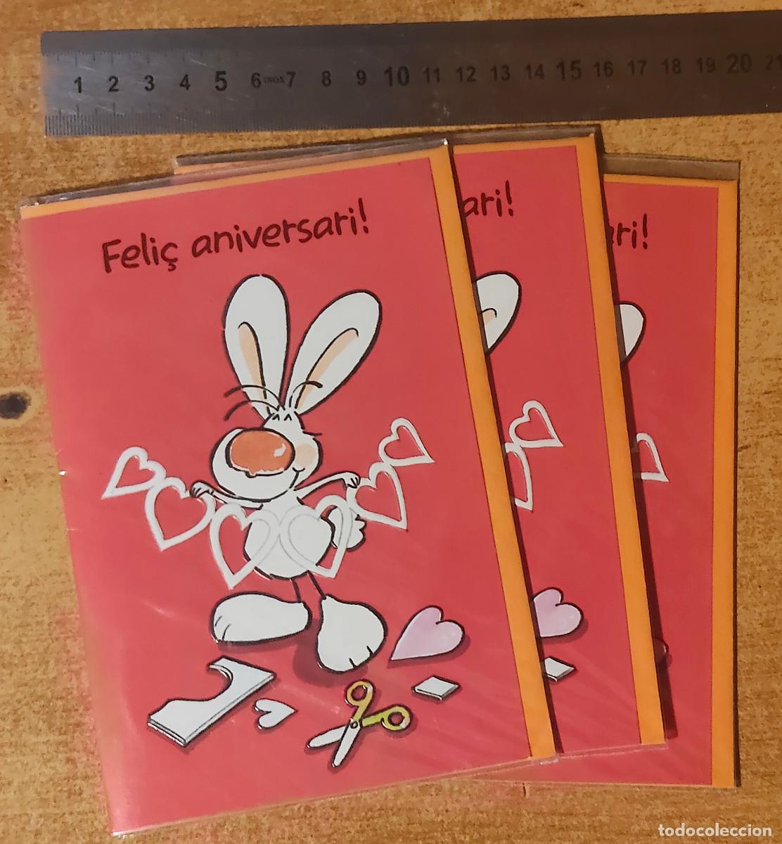 Postales: 3 Tarjeta de felicitaci&oacute;n - feli&ccedil; aniversari - ilustracion conejo con corazones