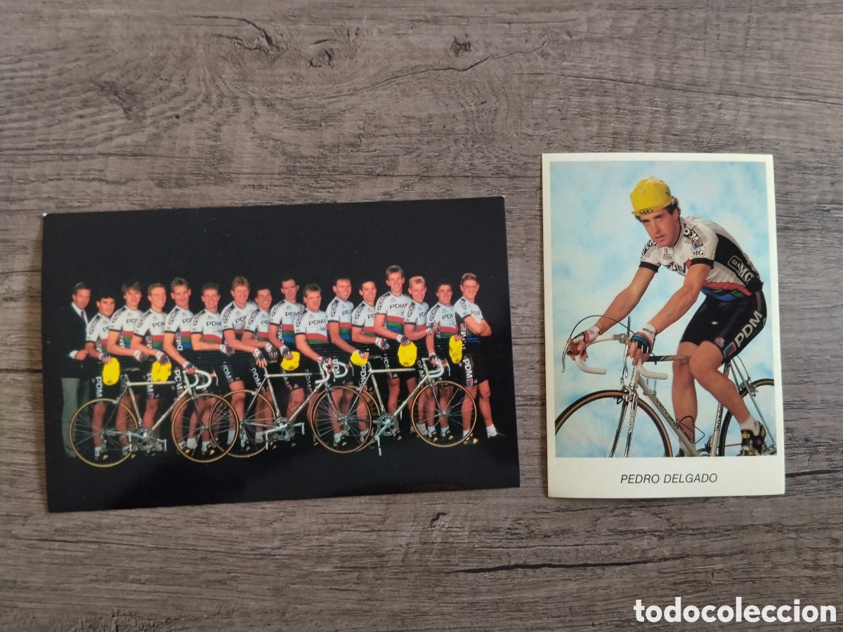 Coleccionismo deportivo: Pareja de postales antiguas ciclismo equipo PDM. Perico delgado. Vuelta ciclista a espa&ntilde;a.tour de fr
