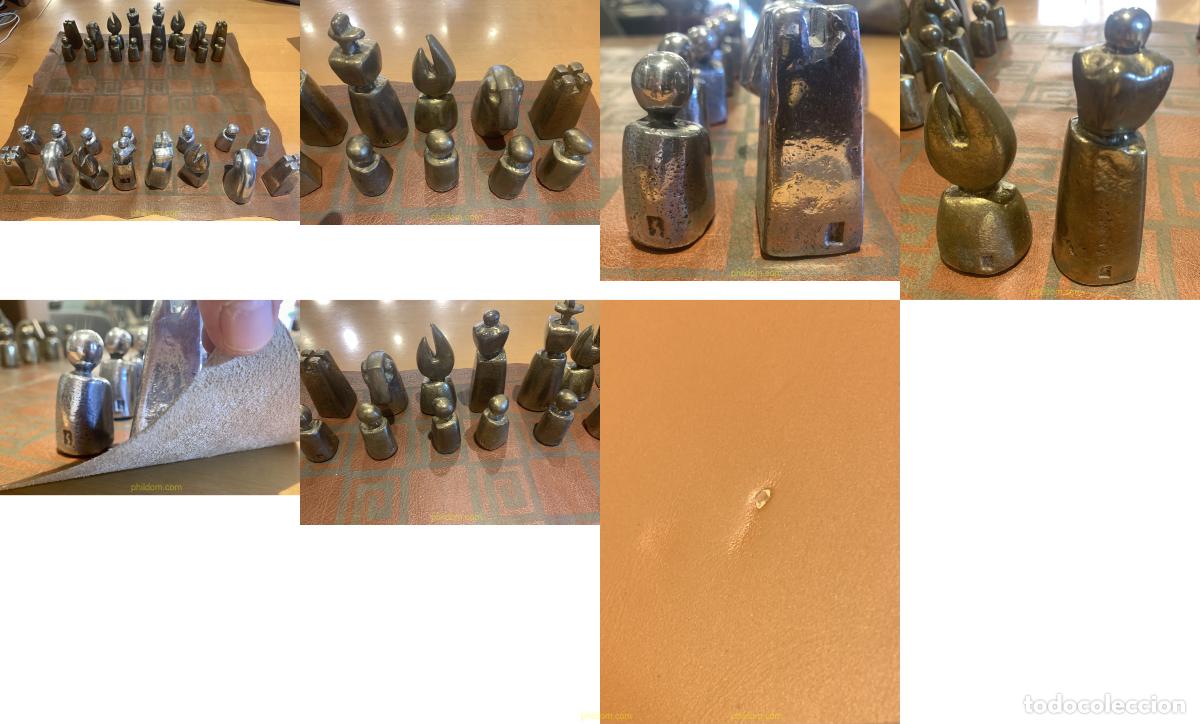 Coleccionismo deportivo: CURIOSO AJEDREZ CON PIEZAS METALICAS Y TABLERO DE PIEL