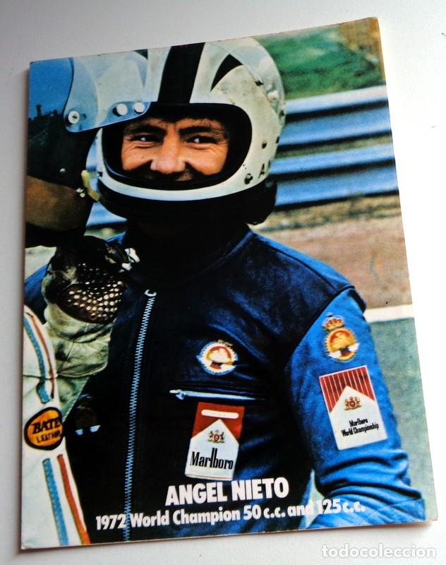 Coleccionismo deportivo: TARJETA PUBLICITARIA MOTOCICLISMO MOTOS ANGEL NIETO CAMPE&Oacute;N MUNDO 1972 WORLD CHAMPION. DOBLETE