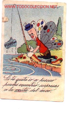 Postkarten: 7-660. Postal Dibujo Antiguo. Mariposa Pescando