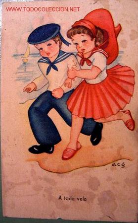 Postcards: Postal: Ni&ntilde;a y ni&ntilde;o de marinero en la playa