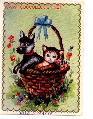 Postkarten: 7-646. Dibujo Antiguo. Perro y gato en cesta