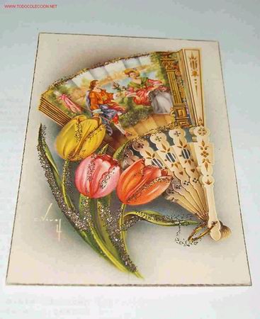 Postcards: Postal, abanico y flores con purpurina