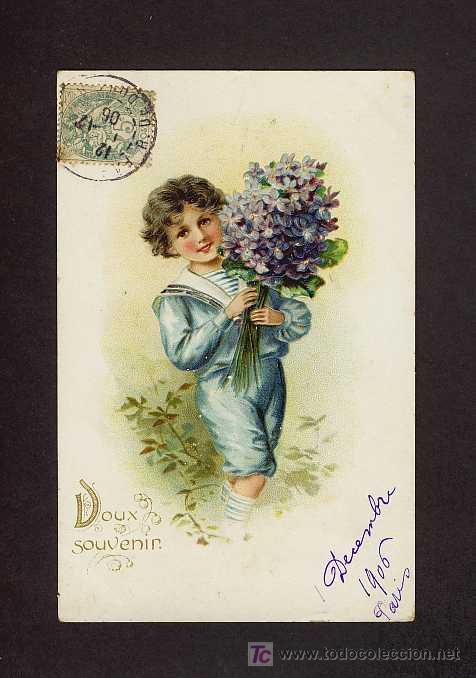 Postales: Postal de NI&Ntilde;OS: Con ramo de flores. En relieve