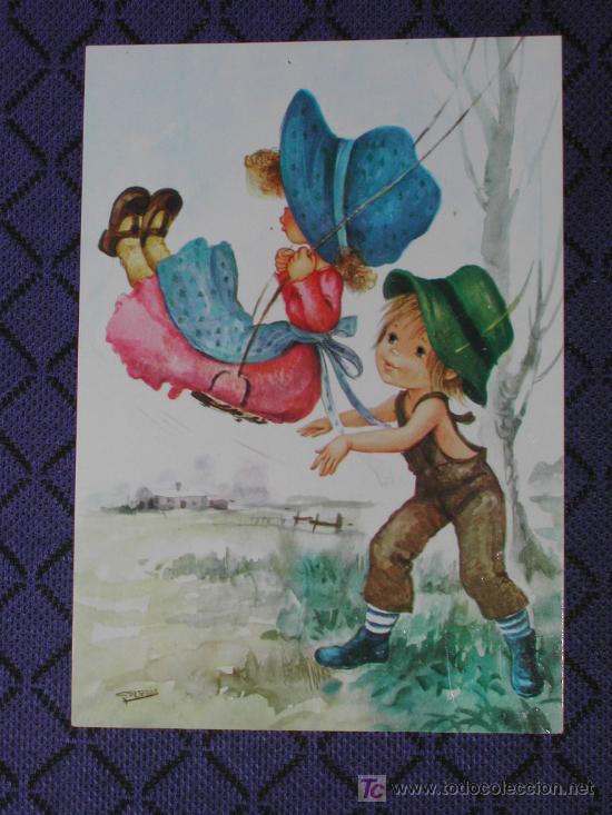 Postais: POSTAL INFANTIL - A&ntilde;os 70 - Ni&ntilde;os en columpio.
