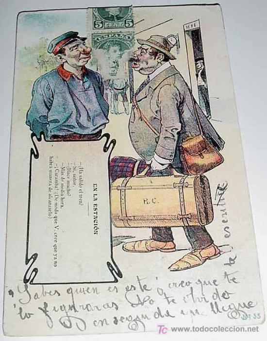 Postkarten: ANTIGUA POSTAL DE CARICATURAS DE DOS PERSONAJES EN LA ESTACION DE TREN - CIRCULADA - SIN DIVIDIR.