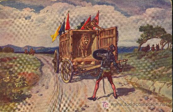 Cartes Postales: TARJETA POSTAL DE DON QUIOTE DE LA MANCHA. N&ordm;18 AVENTURA DE LOS LEONES