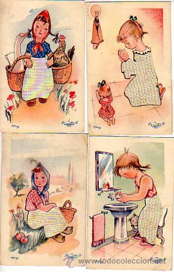 Postales: LOTE DE 4 POSTALES INFANTILES FALDAS DE ROPA- DE CREATOR