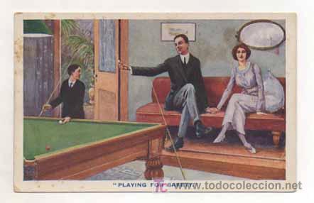 Cartoline: PLAYING FOR SAFETY. POSTAL HUMOR&Iacute;STICA BILLAR. 'BILIARDS EXPRESSIONS'