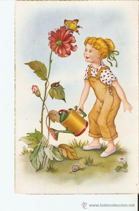 Postkarten: QUEX POSTALES   - POSTAL PINTADA A&Ntilde;OS &acute;50 - NI&Ntilde;A REGANDO FLOR