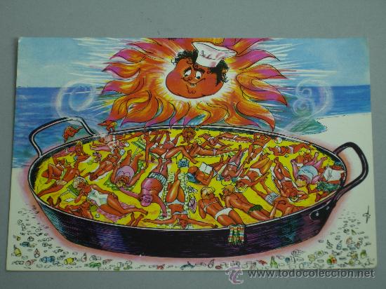 Postales: Postal humor espa&ntilde;ol dibujada paella la sol 1966