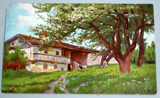 Postales: Postal pintada alemana firmada escena casa campo