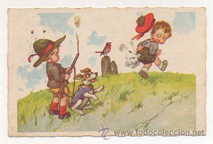 Cartoline: POSTAL ILUSTRADA. NI&Ntilde;OS CAZANDO. CAZADORES.